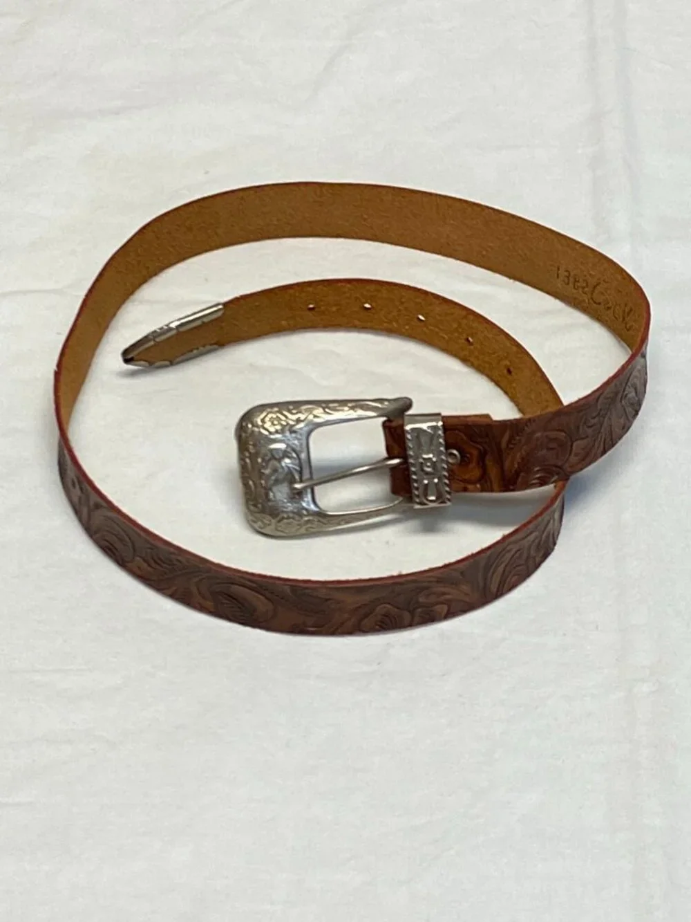 C&ck Tooled Leather Ornate Silver Tone Buckle Narrow Belt Brown Cowgirl Western